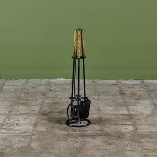 Hammered Brass Handle and Wrought Iron Fireplace Tool Set