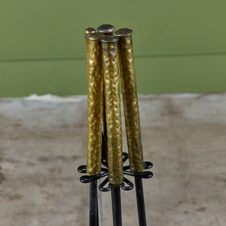 Hammered Brass Handle and Wrought Iron Fireplace Tool Set