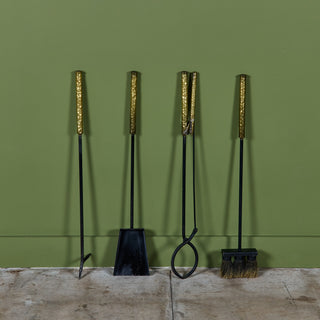 Hammered Brass Handle and Wrought Iron Fireplace Tool Set