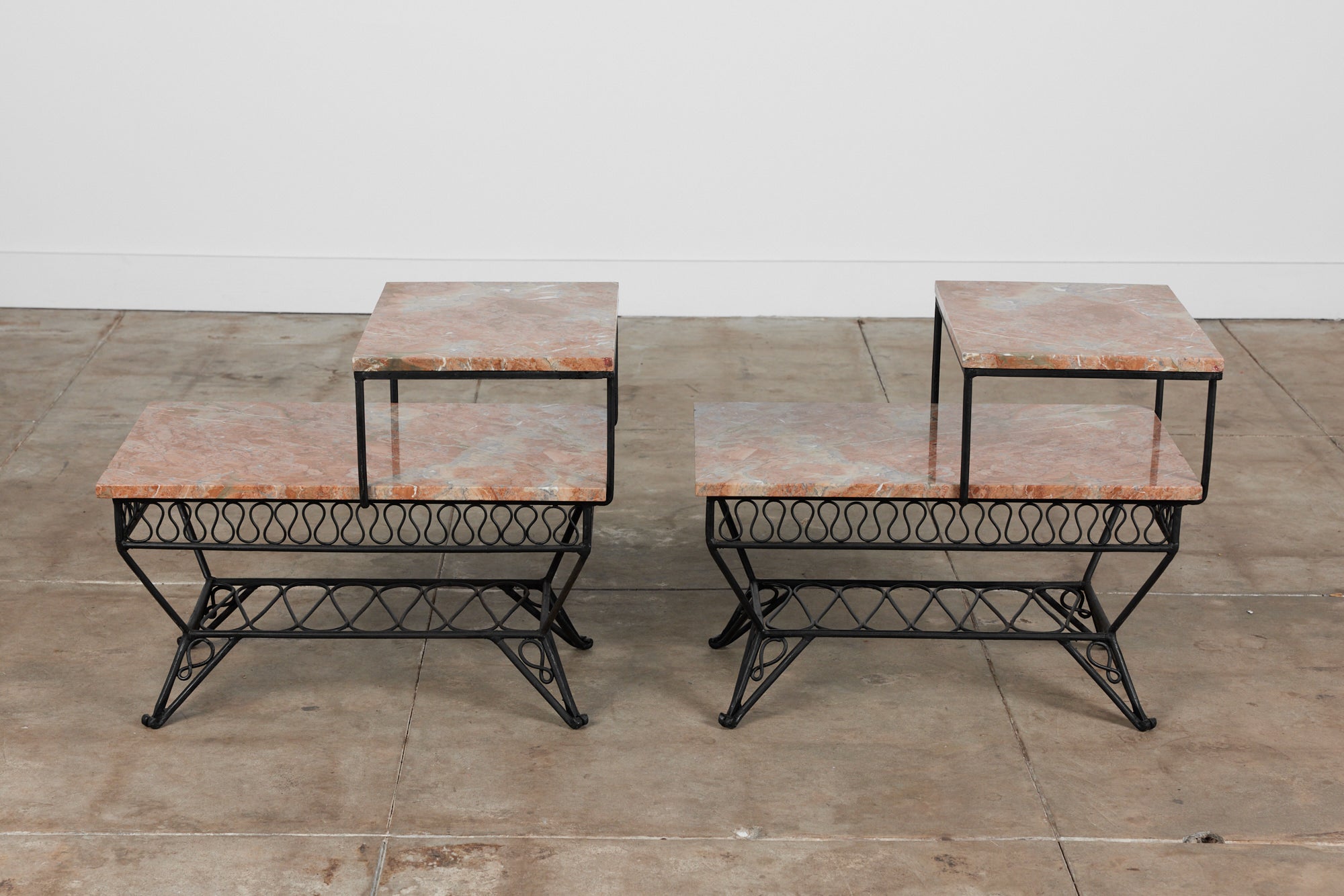 Pair of Salterini Style "Ribbon" Side Tables with Marble Table Tops