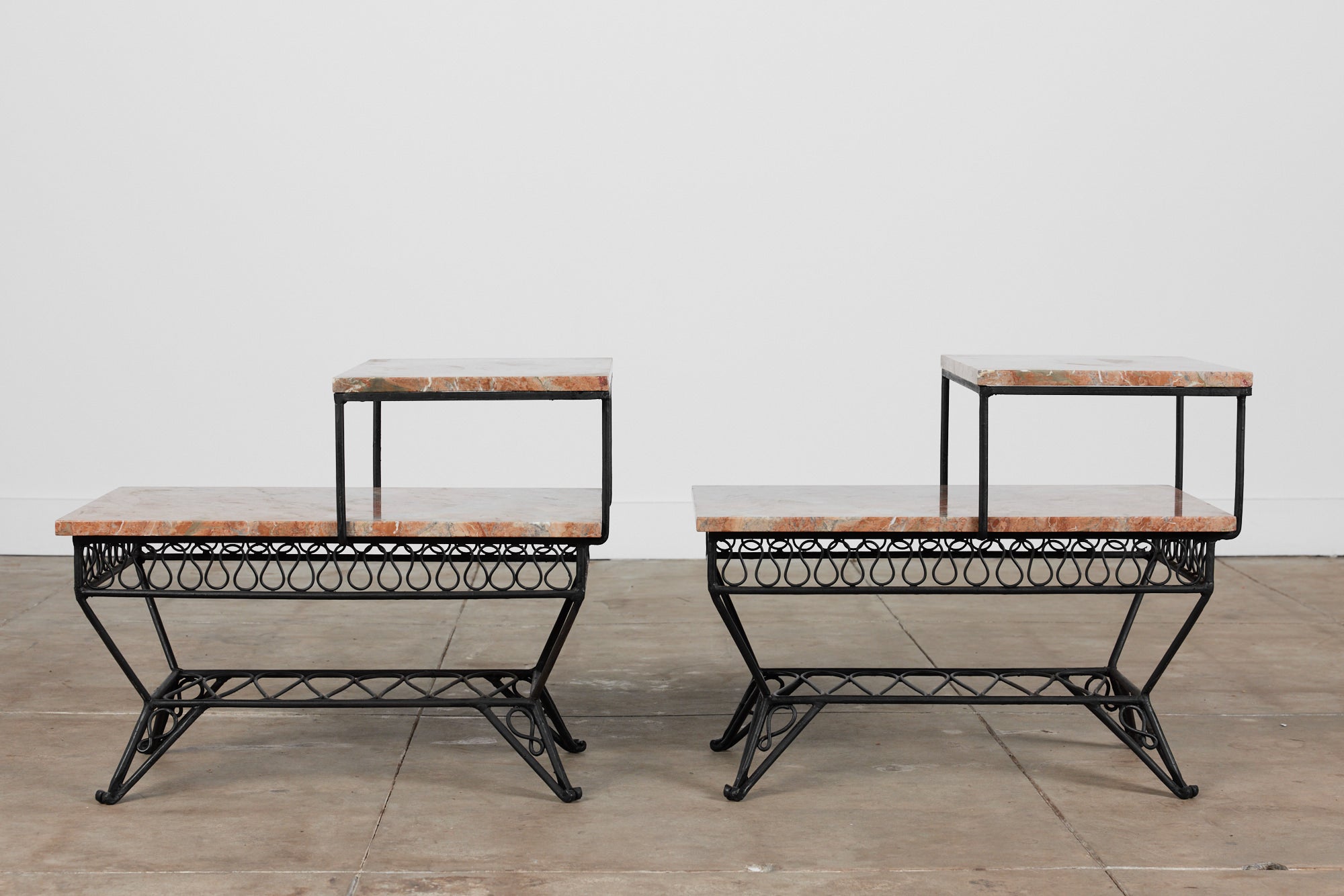 Pair of Salterini Style "Ribbon" Side Tables with Marble Table Tops