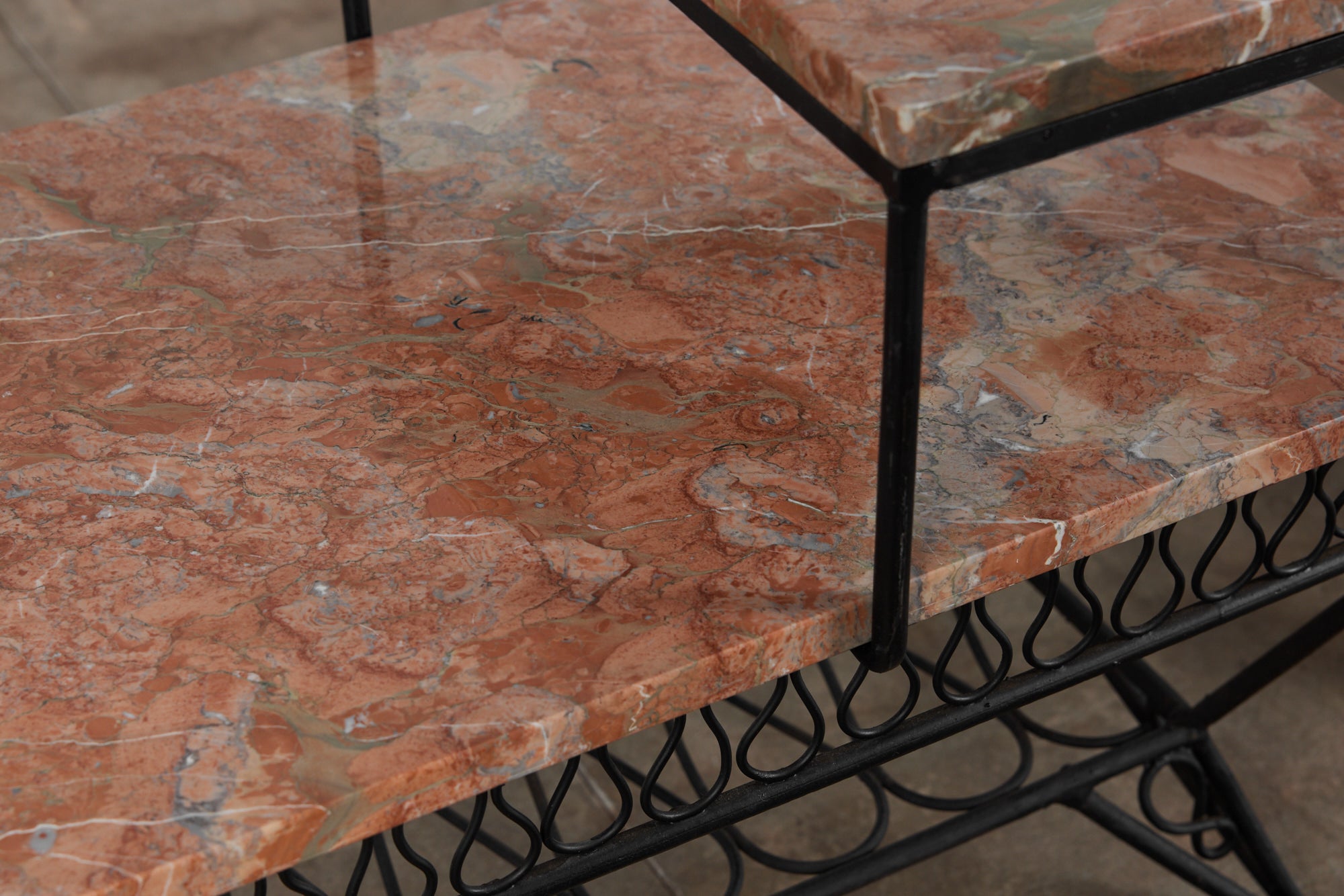 Pair of Salterini Style "Ribbon" Side Tables with Marble Table Tops