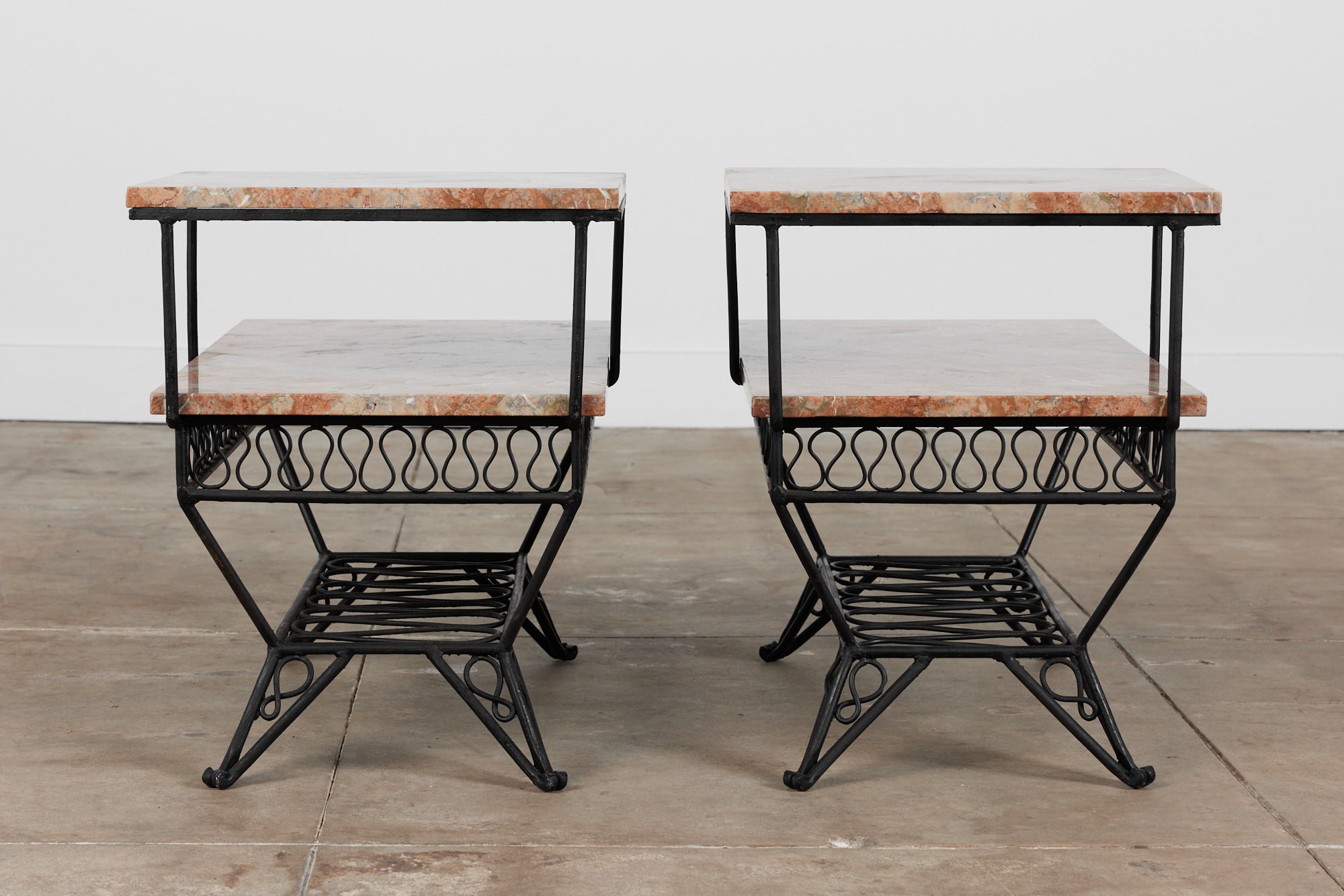Pair of Salterini Style "Ribbon" Side Tables with Marble Table Tops
