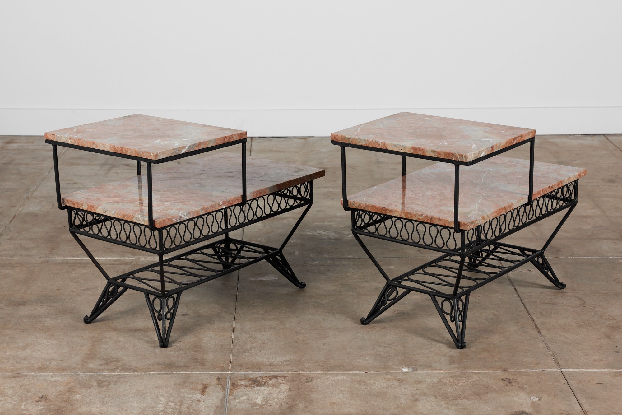 Pair of Salterini Style "Ribbon" Side Tables with Marble Table Tops