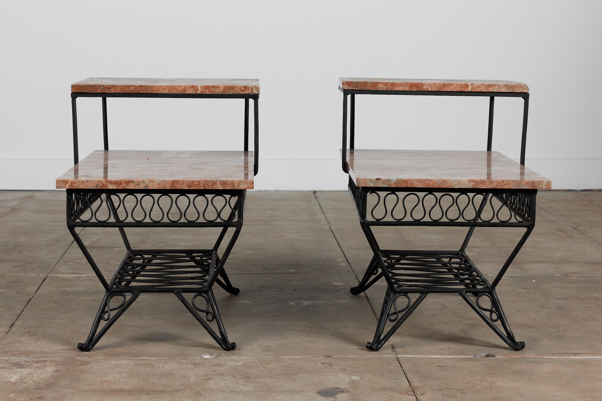 Pair of Salterini Style "Ribbon" Side Tables with Marble Table Tops