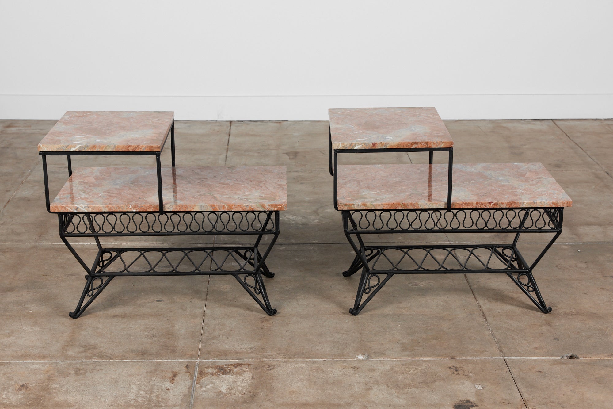 Pair of Salterini Style "Ribbon" Side Tables with Marble Table Tops