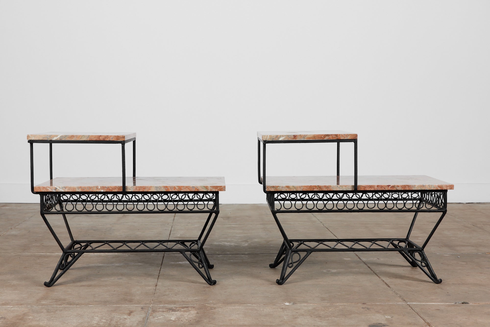 Pair of Salterini Style "Ribbon" Side Tables with Marble Table Tops