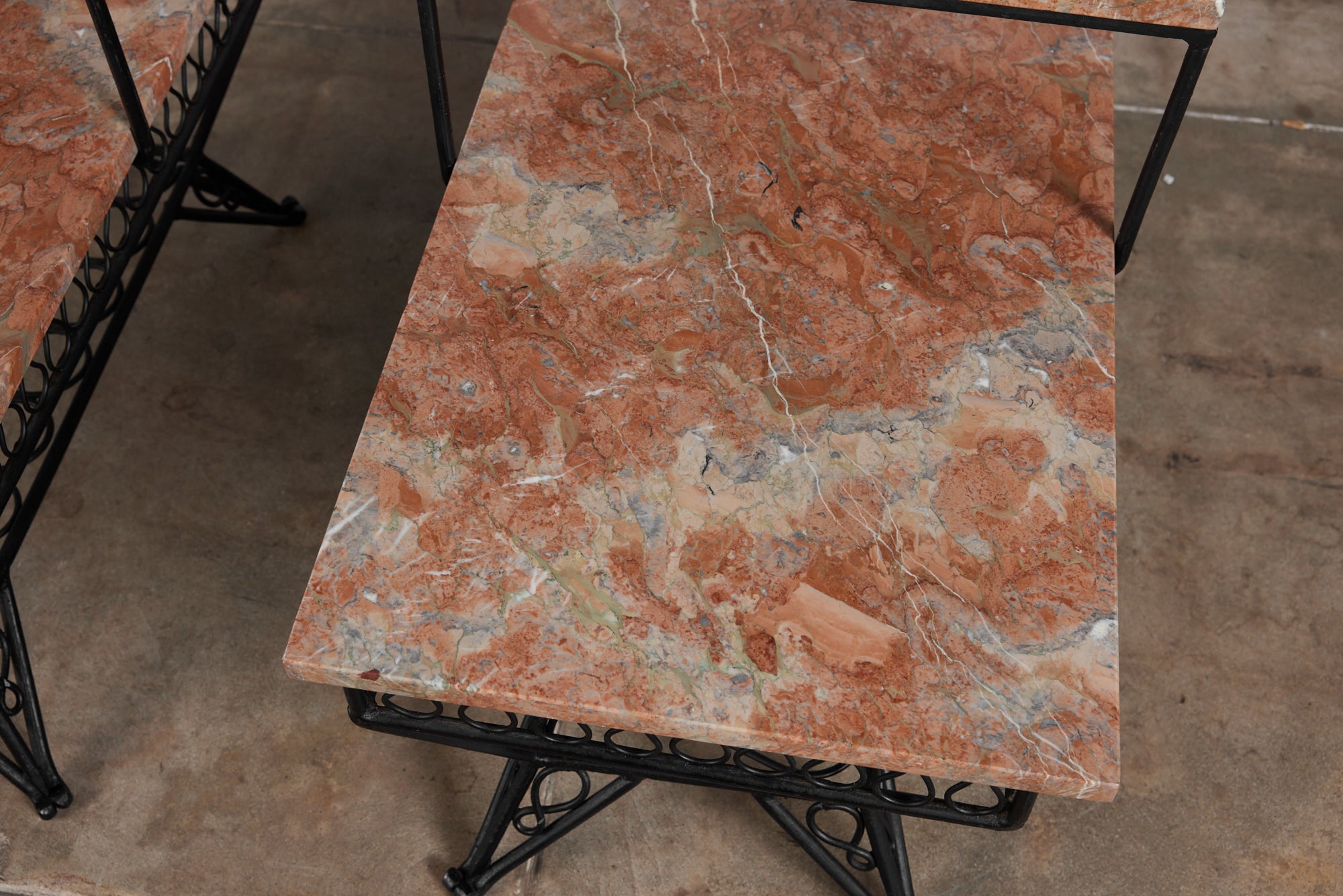 Pair of Salterini Style "Ribbon" Side Tables with Marble Table Tops