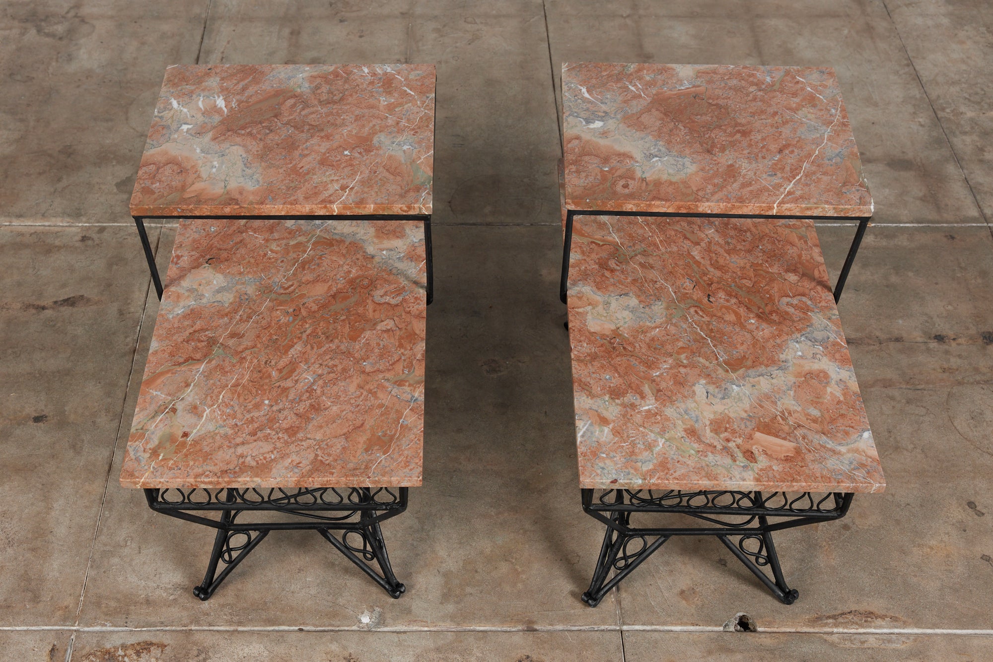 Pair of Salterini Style "Ribbon" Side Tables with Marble Table Tops
