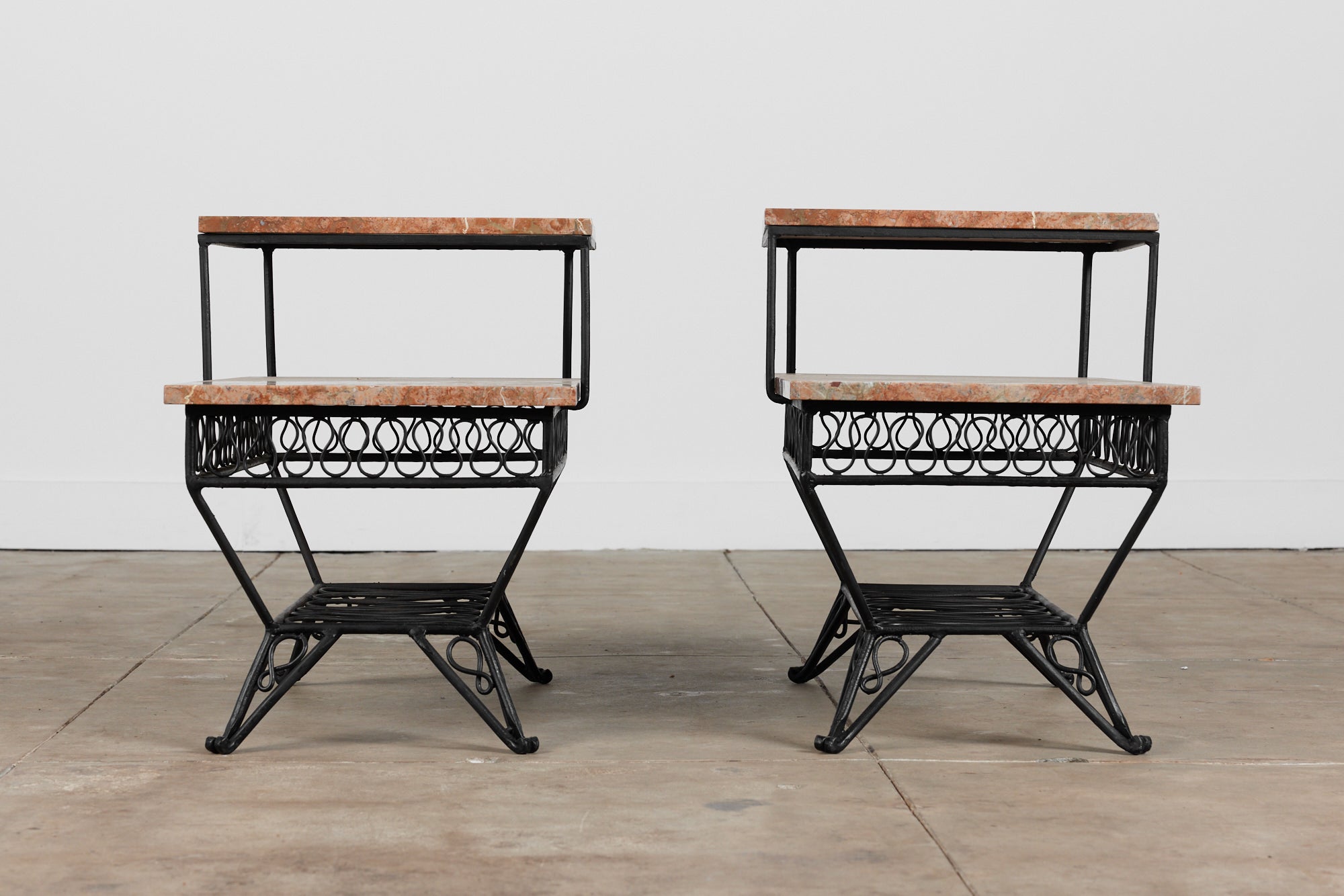 Pair of Salterini Style "Ribbon" Side Tables with Marble Table Tops