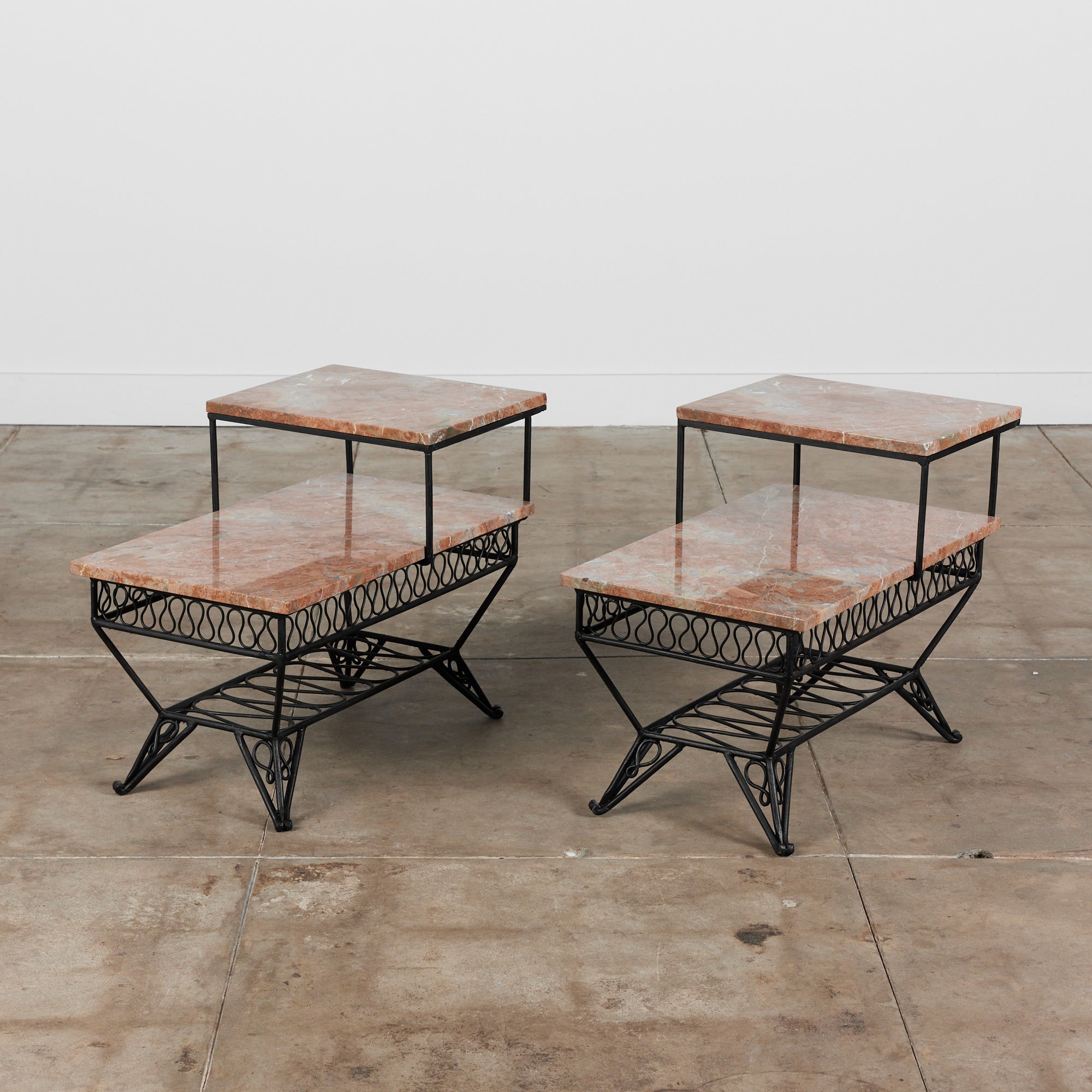 Pair of Salterini Style "Ribbon" Side Tables with Marble Table Tops