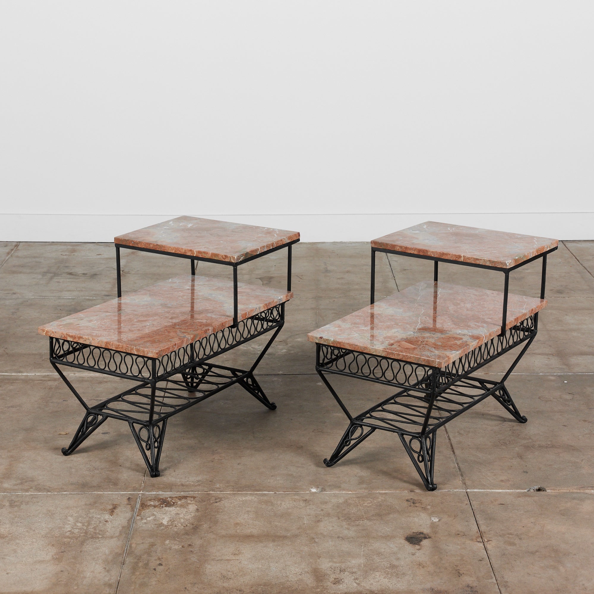 Pair of Salterini Style "Ribbon" Side Tables with Marble Table Tops