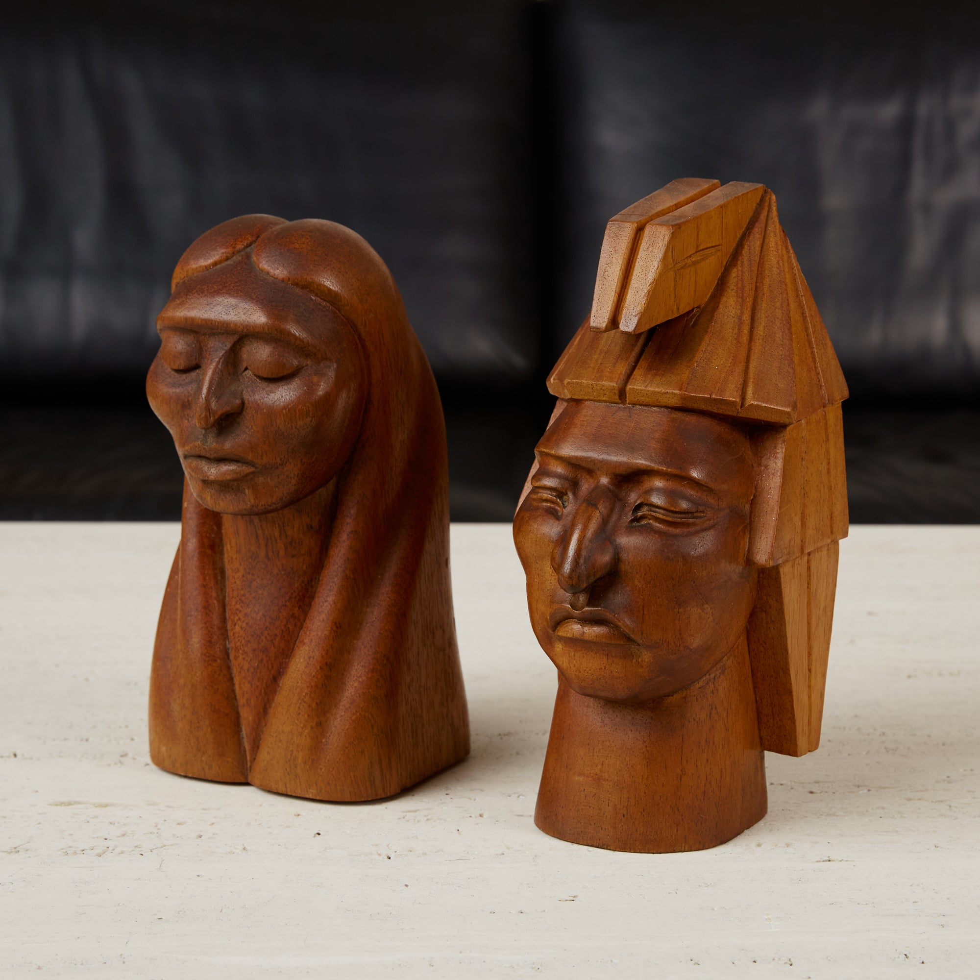 Pair of Wooden Native American Busts