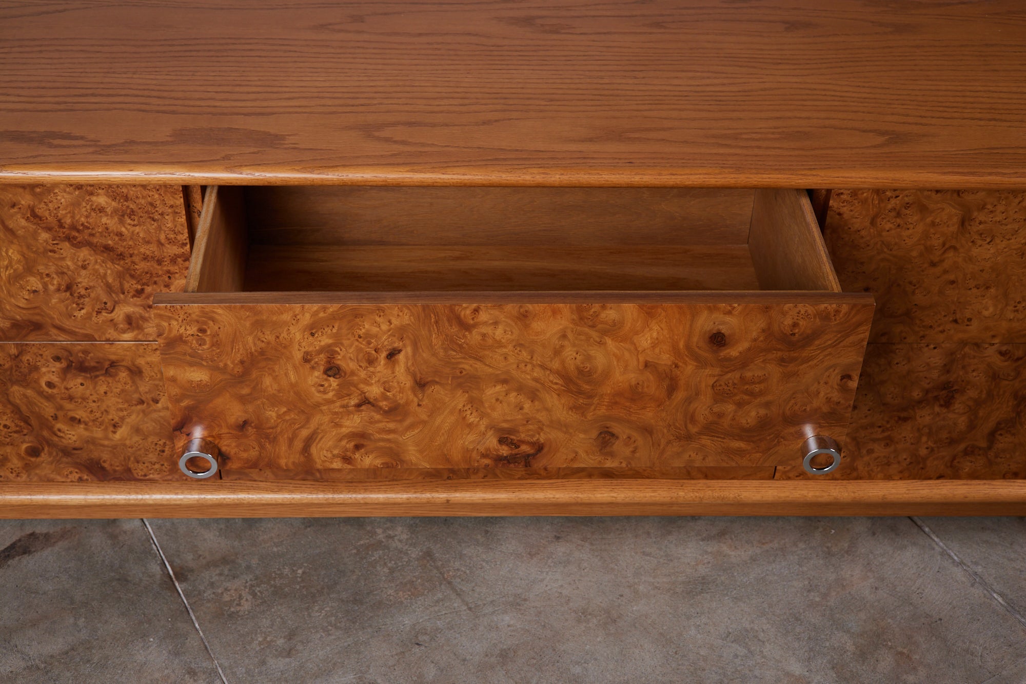 Oak and Burlwood Six Drawer Dresser